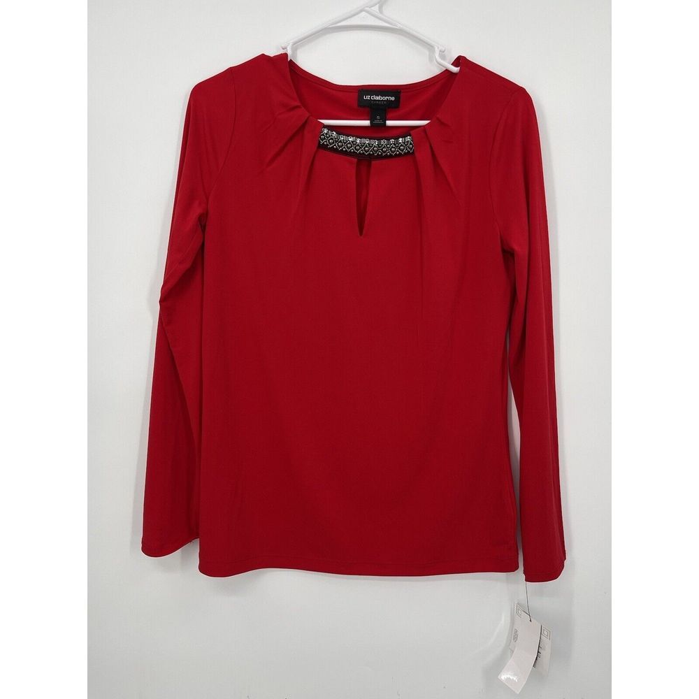 Liz Claiborne Career Red Embellished Keyhole Neck Long Sleeve Top Women's Size S